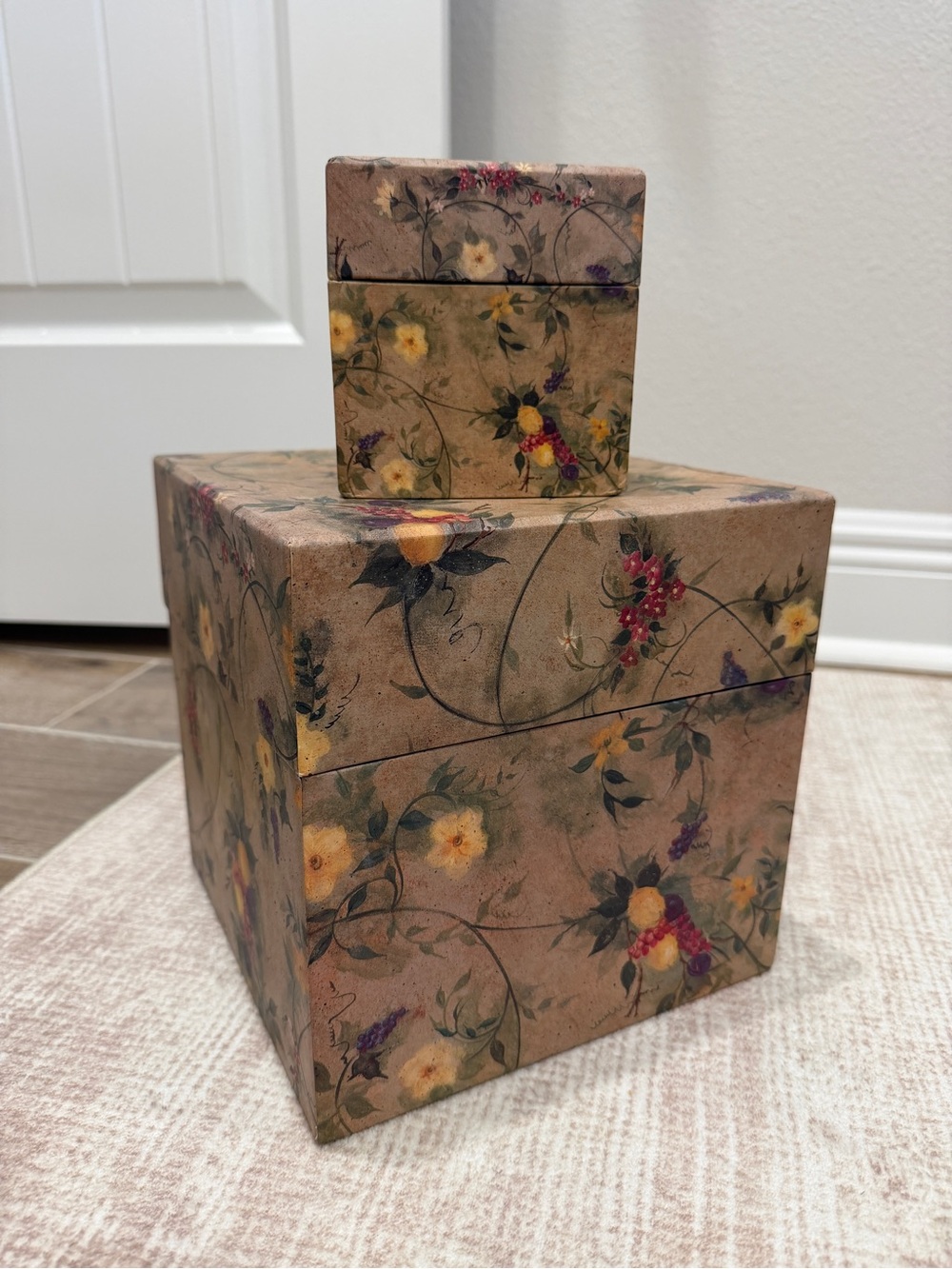 Floral Decorative Storage Box Set - Beige with Yellow Floral Design